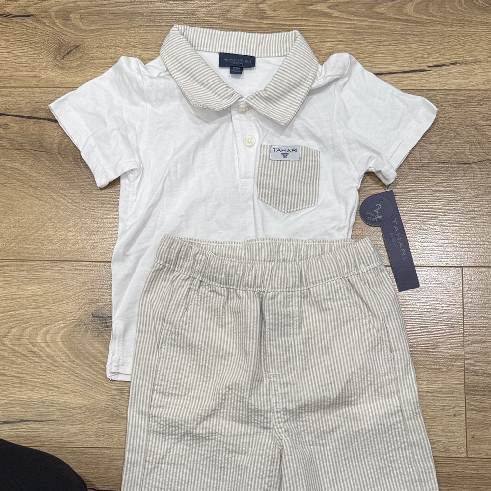 Tahari toddler White Polo Top & Tan Stripe Shorts Set